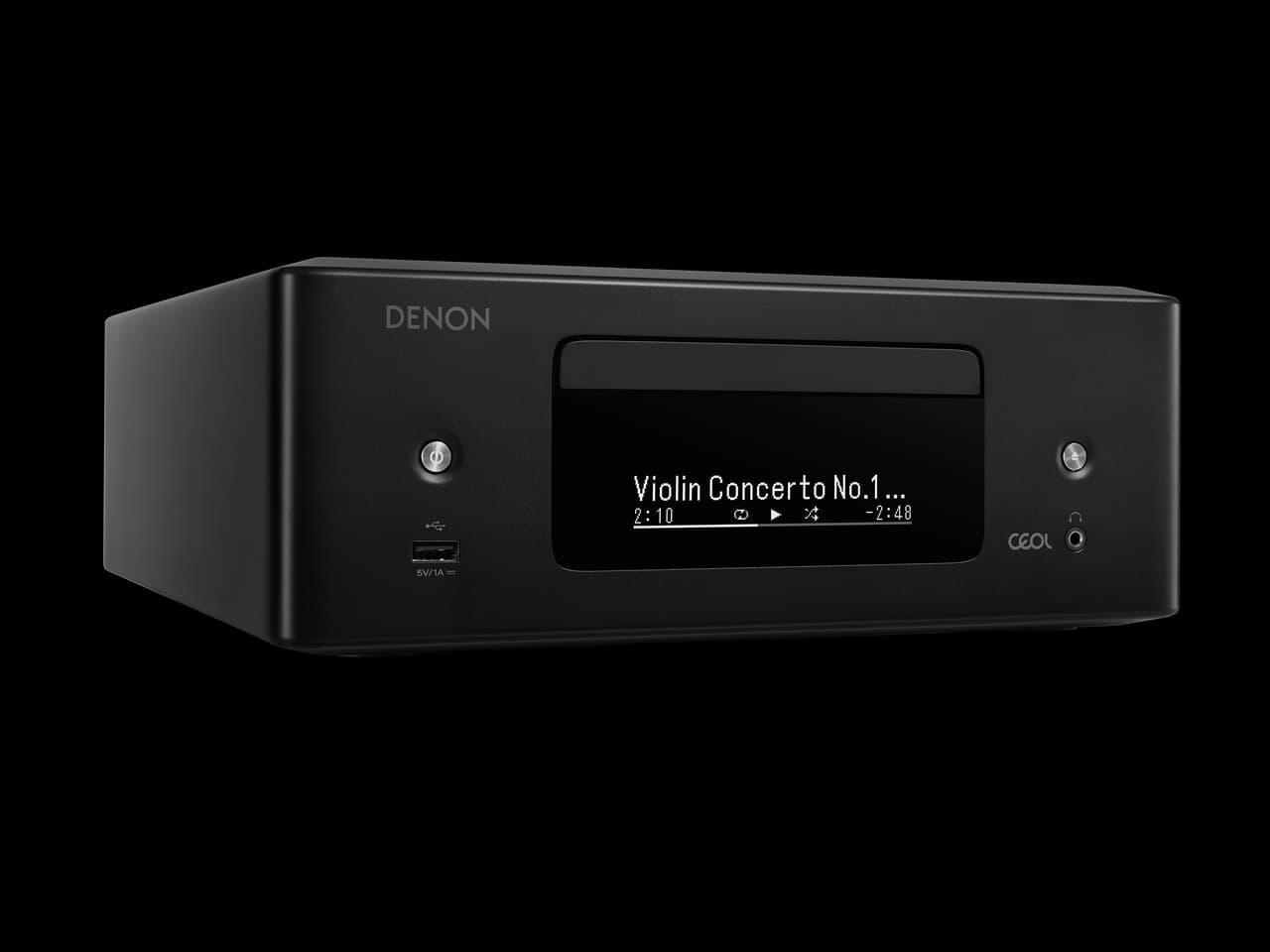 レシーバーの一例として、DENON RCD-N12 の実物写真。黒い横長のネットワークCDレシーバー