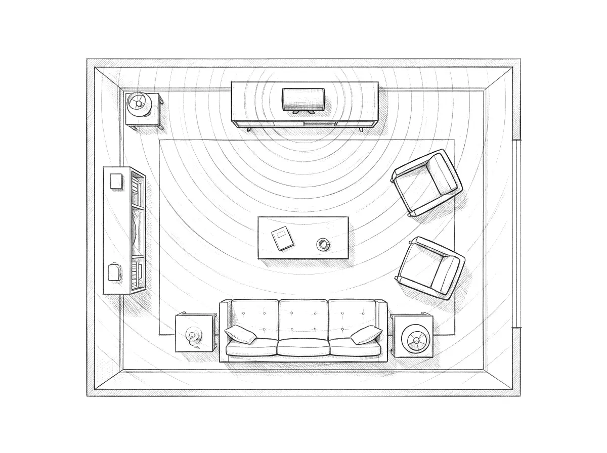 Bird's eye view — sound reaches every corner of the room