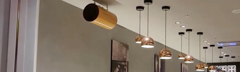 TOKYO CURRY QUARTET 各店の天井に設置された M's system の木目円筒スピーカー（その二）