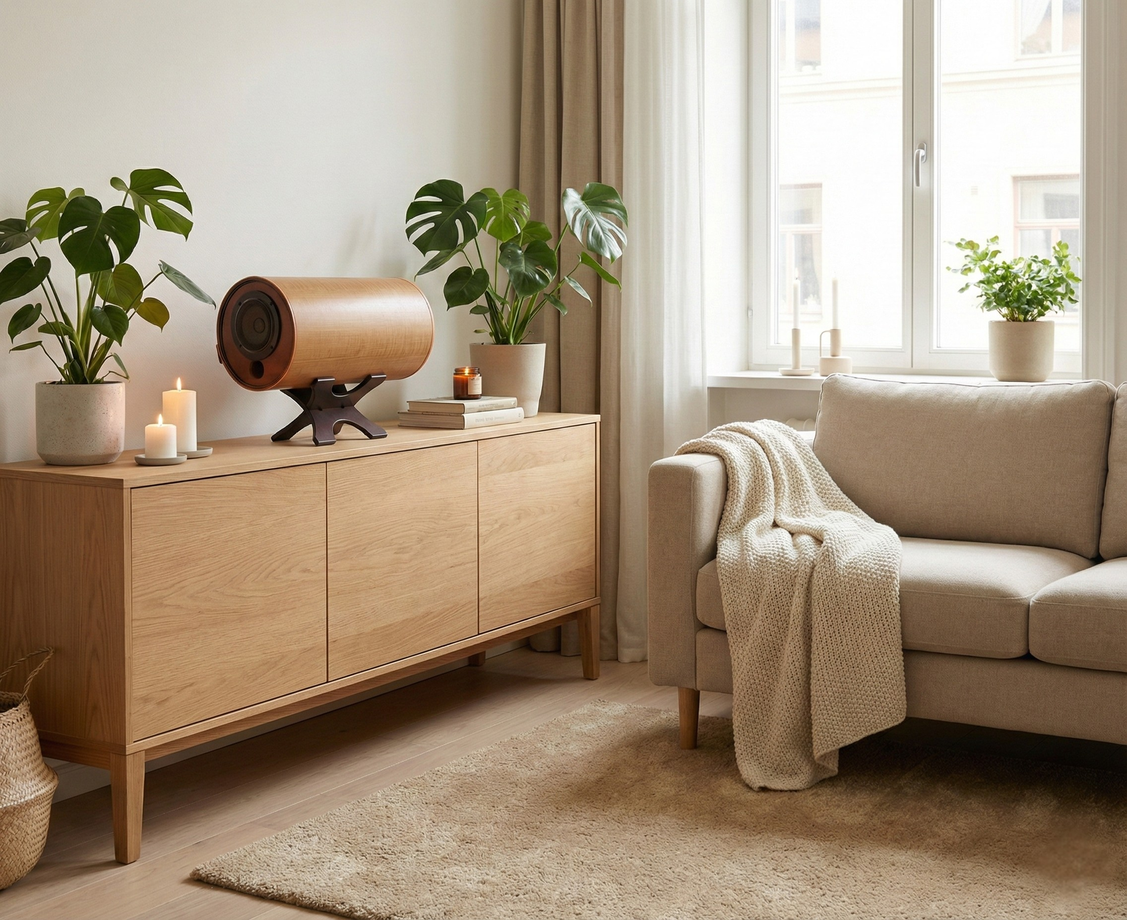 北欧インテリアに馴染む、温かみのあるデザインのスピーカー